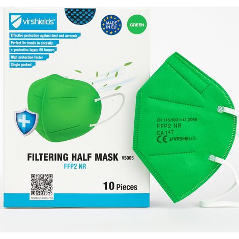 Mascarilla protectora antiviral FFP2 de 5 capas, color verde, marca Virshields - 10 unidades (1/4)