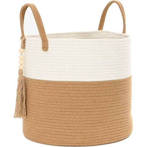 Panier de rangement en coton marron et blanc, 40 cm de diamètre et 35 cm de hauteur. (1/5)