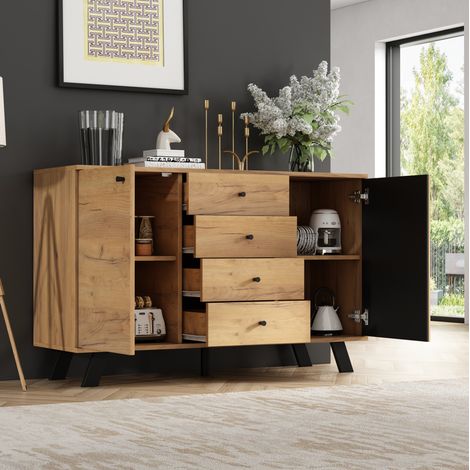 Aparador 120x38x75 cm negro y madera natural en MDF con 4 cajones, 2 armarios y 5 patas de madera maciza (1/5)