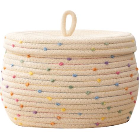 Panier de rangement tressé en corde de coton, décoré de pois ronds et colorés, grande capacité avec couvercle, idéal pour ranger le linge, les serviettes, les jouets, les œufs, les petits objets, beig