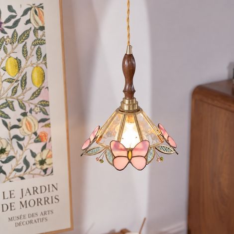 Suspension Papillon Rose et Bois de Noyer avec Fil Doré Lampe Verre Rétro LED 33 × 33 × 30 cm 3 kg – Livraison gratuite (1/5)