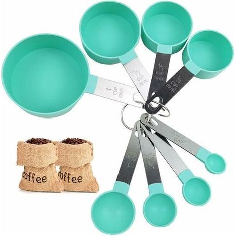Ensemble de cuillères à mesurer. ensemble de 8 pièces de cuillères à mesurer et de tasses avec poignées en acier inoxydable pour liquides et solides (vert lac) (1/5)