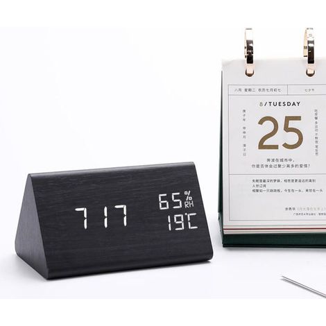 Réveil numérique LED bois noir lumière blanche affichage heure 3 alarmes température humidité chambre (1/5)
