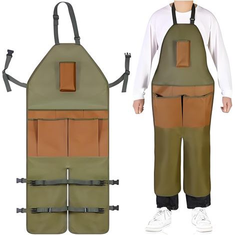 Tablier de jardinage, ajustable et imperméable, avec 6 poches à ouverture facile, vert armée avec boucles réglables, adapté au jardinage, à la peinture et au travail du bois. (1/5)