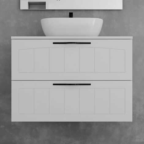 Meuble de salle de bain 80cm avec plateau et vasque à poser ovale - 2 tiroirs - sans miroir - blanc - PIA (1/5)
