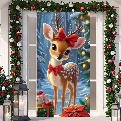 Décorations de Noël avec cloches, nœuds, flocons de neige, Père Noël, banderole « Joyeux Noël » - 90 x 180 cm (perforée + ruban) - Lot de 3