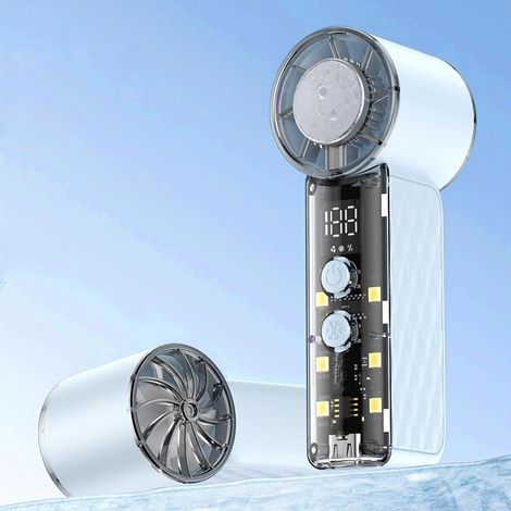 Mini ventilateur portable – Dimensions 10,6 x 4,6 cm – Écran numérique (batterie + puissance) – Batterie rechargeable (autonomie 1-3h) – Pour bureau, voyage, pique-nique, étude