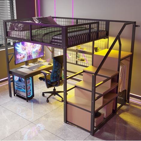 lit adulte mezzanine rangement 140x200 métal noir HAVRYA (1/5)
