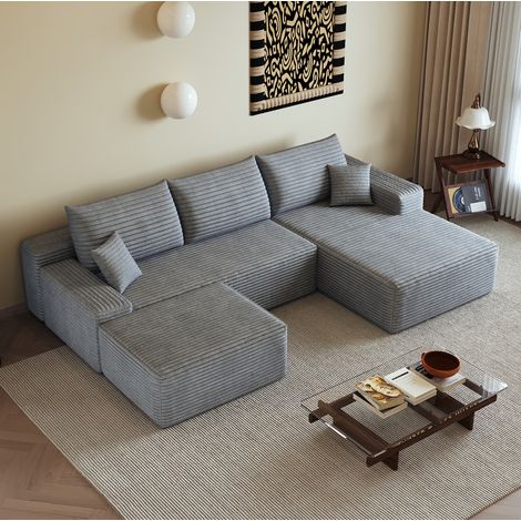 Canapé d'angle modulable 270 cm en tissu gris HAVRYA (1/5)