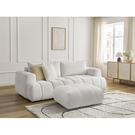 BOBOCHIC - Canapé droit convertible 3 places FUJI tissu bouclette avec pouf   Blanc (1/5)