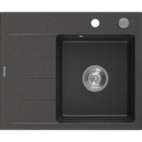 Mexen Ben évier en granit 1 bac avec égouttoir à droite 600 x 500 mm, noir moucheté, siphon chromé - 6523605000-76 (1/5)