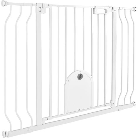 Mophorn Treppenschutzgitter 75–111 cm Verstellbare Breite, Türschutzgitter mit integrierter Katzenklappe, inkl. Druck- und Wandmontage-Set, Schutzgitter für Kinder, geeignet für Treppen, Weiß (1/5)