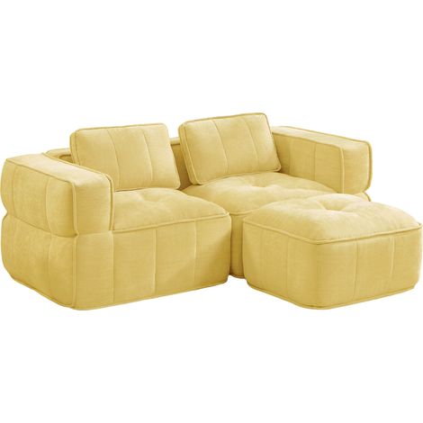 Divano Modulare 2 Posti con Pouf, Seduta Profonda, Base Antiscivolo, Tessuto in Poliestere, Giallo (1/5)