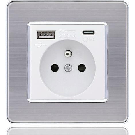 Elle – Panneau de prises USB et type-C 16A – 2 prises + 1 port USB + 1 port type-C – Acier inoxydable – Installation rapide – Norme européenne