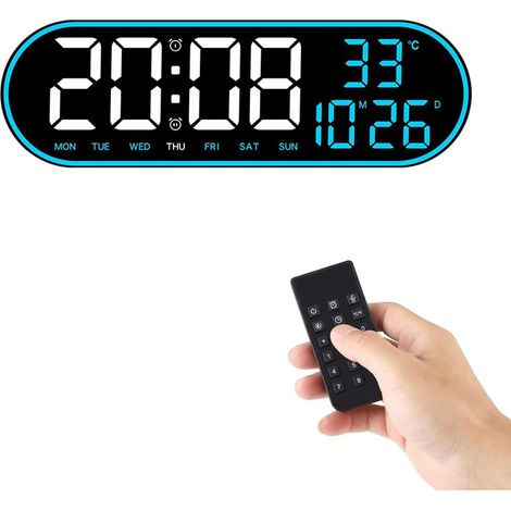 Digitaluhr, digitale Wanduhr mit Fernbedienung, 15-Zoll-Wanduhr, LED-Digitalwecker, großer Bildschirm, digitaler Wecker mit einstellbarer Helligkeit (blau) (1/5)