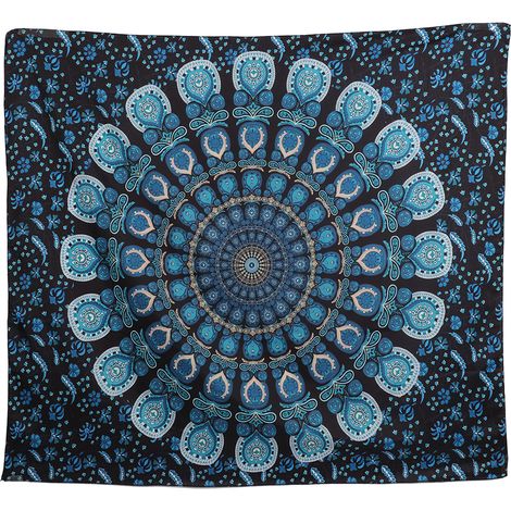 Tapisserie murale bohème mandala et paon psychédélique, décoration murale pour chambre (bleu-vert, 150 x 130 cm)