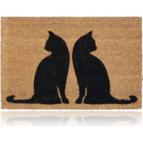 Relaxdays Felpudo Coco, Diseño con Gatos, 40x60 cm, Antideslizante, Alfombra Puerta Entrada, marrón claro y Negro (1/5)