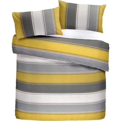 Housse de Couette à Larges Rayures Blanc et Jaune 200 x 200 cm 2 taies d'oreiller Housse de Couette à Rayures contemporaines en Ocre Parure de lit doublée Jaune (1/5)