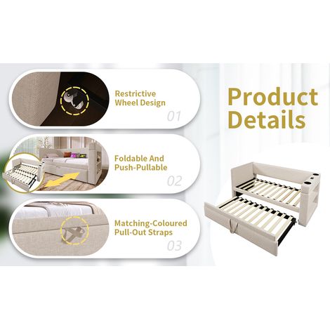 Daybed tapizado 90x190 cm de tejido beige con cama nido, ahorra espacio, sin colchón – MEUBLIV (1/5)