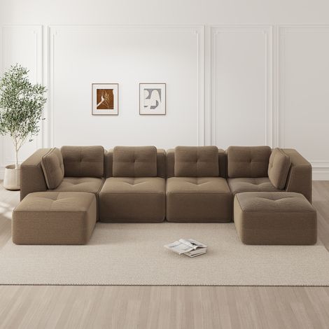 Canapé modular de pana marrón sin montaje, sofá de esquina/U con otomana y base antideslizante