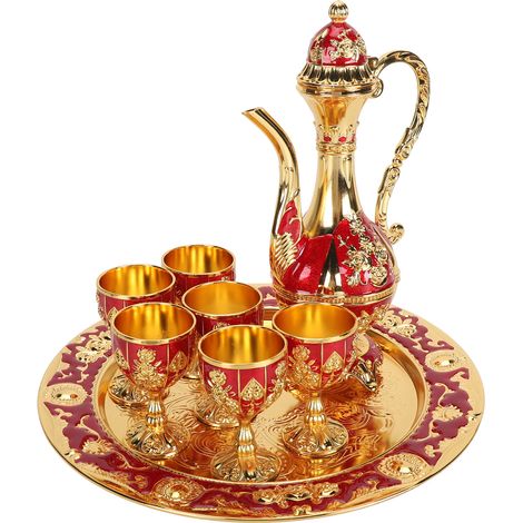 Vintage-Weinkrug-Set, europäisches Retro-Kaffeekanne-Tablett-Set, exquisite Schnitzereien, Weingläser aus Zinklegierung für Weinschränke und Bartheken, Gold und Rot (1/5)