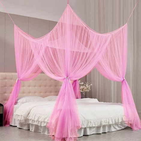 Moustiquaire lit double 4 portes à ouverture facile, tour de lit rectangulaire sans installation pour chambre, Composition : 190210240, Couleur : rose (1/5)