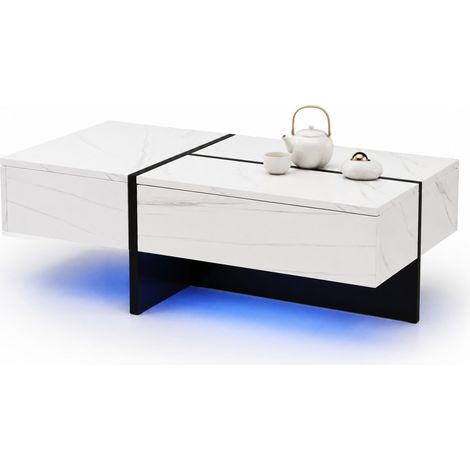 Table basse effet marbre blanc brillant avec LED pilotées par application, 3 tiroirs push-open, 100 x 50 x 34,5 cm, meuble salon CHICFURN (1/5)