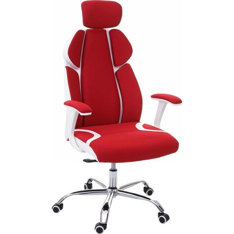 Chaise de bureau HWC-F12, chaise pivotante, tissu + similicuir - rouge/blanc (1/5)