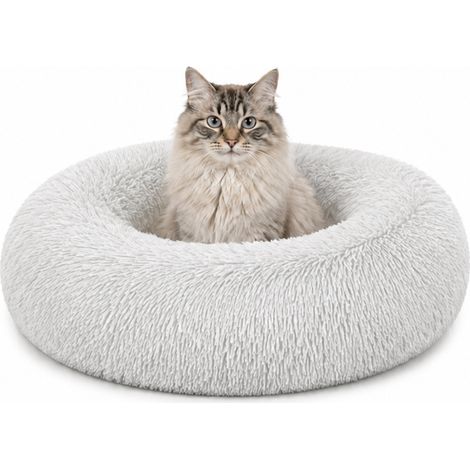 lionto Donut Katzenkissen, rundes Bett mit Plüschbezug & Anti-Rutsch-Boden, erhöhter Rand für Geborgenheit, 50 cm Durchmesser, hellgrau