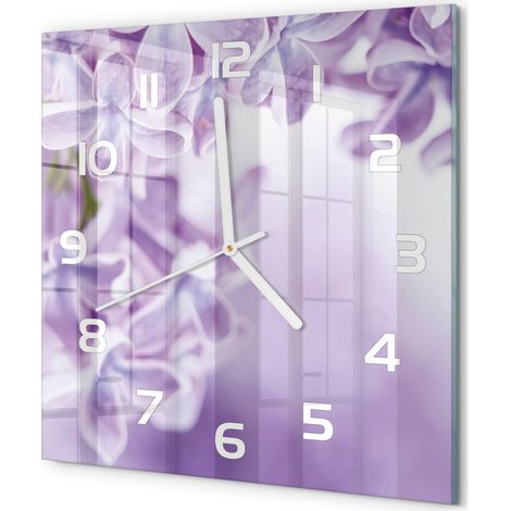 Horloge Murale Carrée Décorative Design Artistique Verre Trempé Salon Fleurs violettes 30x30 cm (1/5)