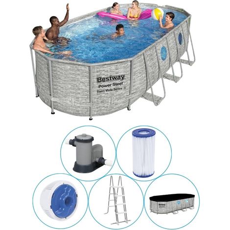 Aufstellpool Bestway Power Steel Stein-Design 549x274x122 cm Kartuschenfilter 5.678 l/h Abdeckung und Leiter