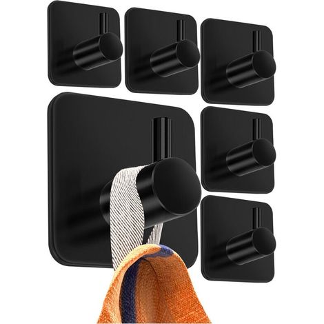 6 ganchos adhesivos de acero inoxidable para pared de baño, toallas de cocina, cuadros, sin taladrar, color negro (1/5)