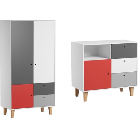 Commode 3 tiroirs et Armoire Vox Concept Rouge (1/3)