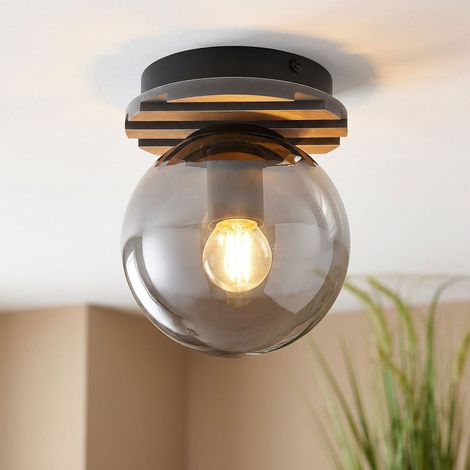 LED Deckenlampe Rauchglas Deckenleuchte Esszimmerleuchte Kugel Schlafzimmer, Metall Glas MDF, 1x 6,5W 806LM warmweiß, DxH 15x20 cm