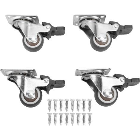 Set of 4 small swivel casters made of steel and rubber, 2.5 cm in diameter, with brake and 16 screws, for furniture (1/5)