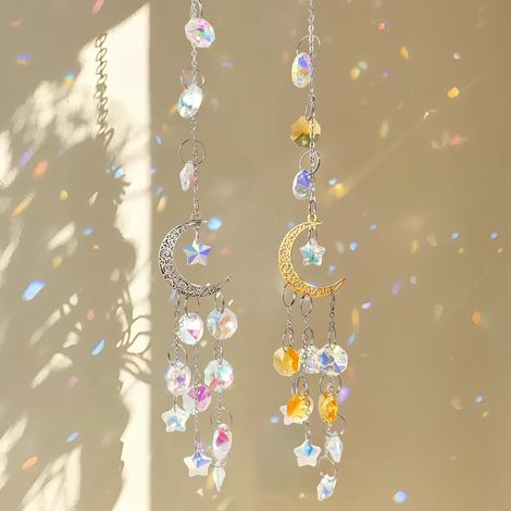 Attrape-Soleil Lune en Cristal Doré et Argenté pour Décoration Fenêtre, Verre Prismatique Suspendu Élégant pour Maison, Bureau ou Balcon avec Lumière et Ambiance Paisible (1/5)