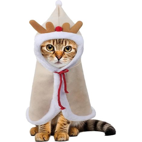 Cape Noël pour animaux de compagnie Manteau à capuche velours avec Corne de Cerf - Déguisement fête Costume de Noël pour Petits Chiens Chats (1/5)