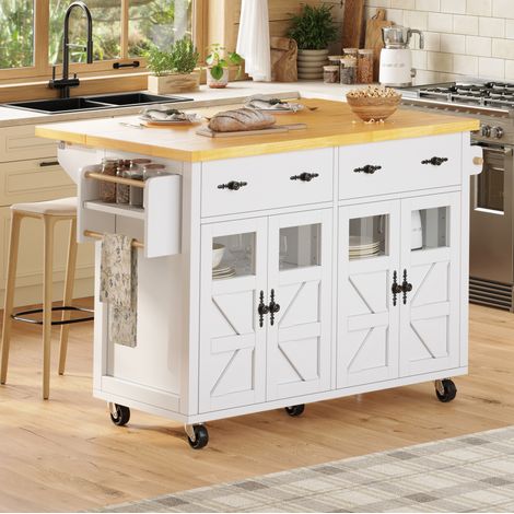 Isola da cucina mobile con ruote, 140 x 73 x 93,5 cm, bianca DESVIAE (1/5)