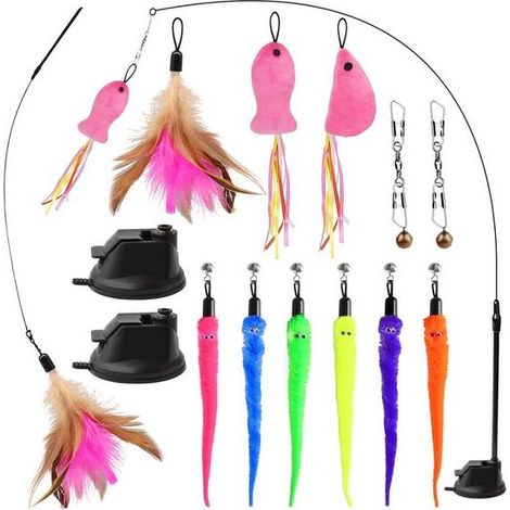 Jouet pour chat - Ensemble de 13 pièces - Canne à pêche avec plumes - Avec ventouse - Pour chats d'intérieur - Accessoires pour animaux de compagnie (1/5)