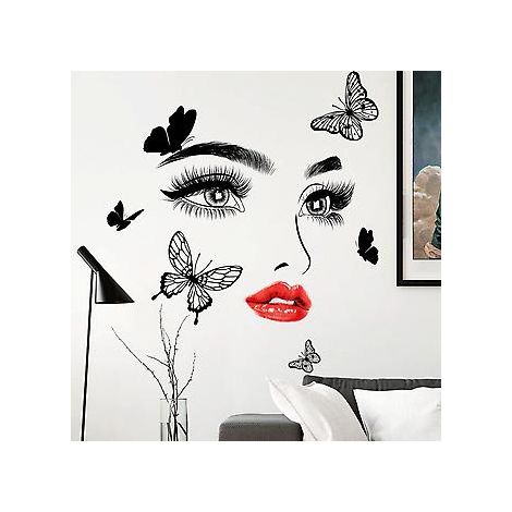 Wandtattoo „Schönes Mädchengesicht, Augen, Lippen“, Schmetterling – Selbstbewusste Weiblichkeit, Abnehmbare Wandtattoos für Schlafzimmer und Wohnzimmer