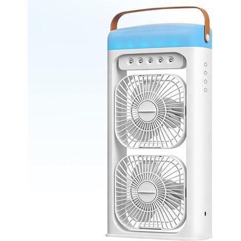 Ventilateur climatiseur portable 4 en 1 avec brumisateur, double ventilateur, climatisation réglable sur 3 niveaux, fonction minuterie 1 à 4 tours, veilleuse à couleurs changeantes, chargement sans fi