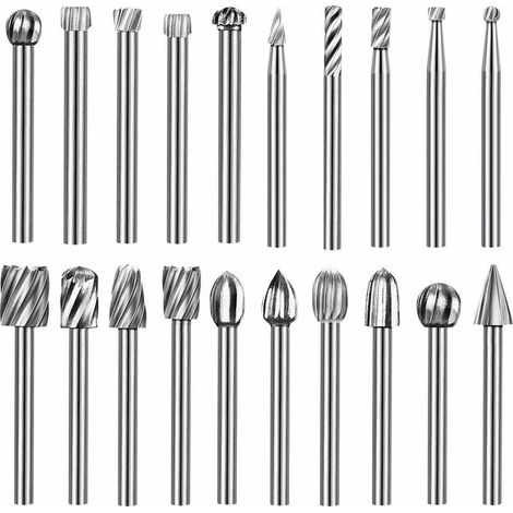 Ensemble de 20 limes rotatives en acier rapide pour la sculpture sur bois ensemble de forets de 1/8 pouce pour outils Dremel. (1/5)