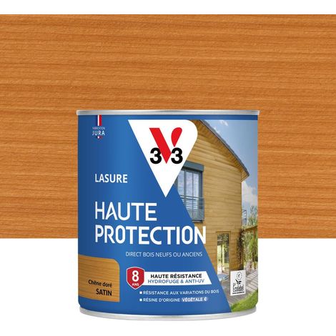 Lasure Bois extérieur Chêne doré satin - Protection 8 ans - résistance hydrofuge et anti-UV - Résiste aux variations du bois - résine d'origine végétale - 0,75L (1/4)