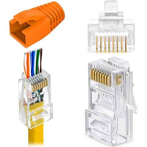 12 Pièces Connecteur traversant RJ45 CAT6, Prise réseau CAT6A plaquée Or, extrémités Cat 6 avec Bottes Anti-Traction