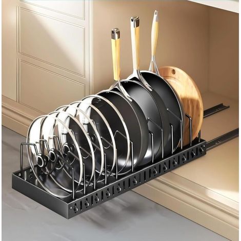 Rangement Poele et Casserole, Range Couvercle avec 12 Compartiments Réglables, Porte-casseroles Support Extensible, Rangement Couvercle Casserole pour Tiroir Cuisine, Noir