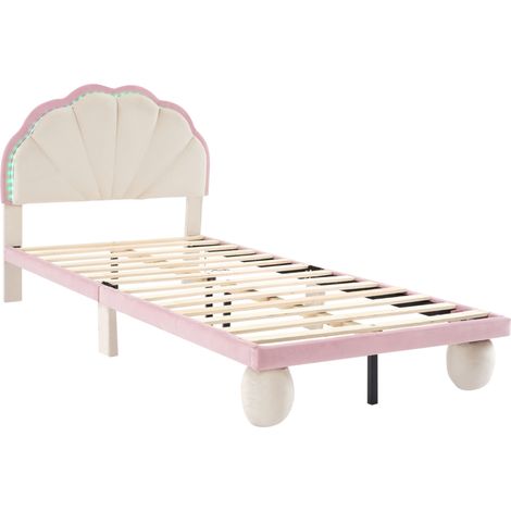 Cama infantil 90x200 cm de terciopelo beige y rosa con LED multicolor y cabecero ondulado (1/5)