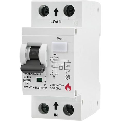 Disjoncteur 16A 1P+N 6kA C16 AFDD Disjoncteur de défaut d'arc Disjoncteur Miniature MCB avec Protection contre les défauts d'arc, les surcharges et les courts-circuits ETM1-63AFD C16 (1/5)