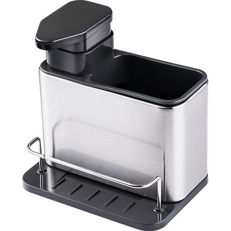 Organisateur d'évier avec distributeur de savon, porte-éponge, distributeur de liquide vaisselle en acier inoxydable, rangement pour plan de travail