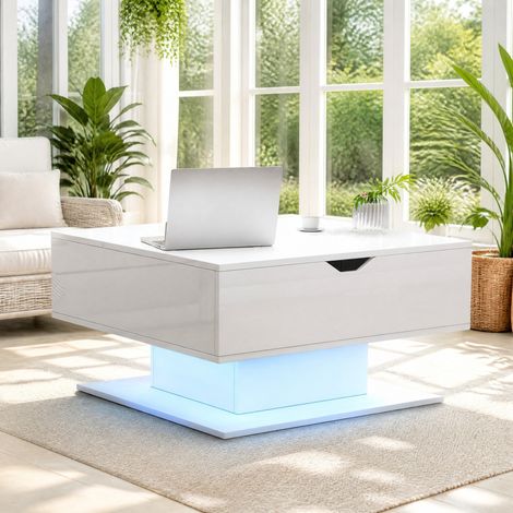 Tavolino da caffè sollevabile 80 x 75 x 40 cm con vano contenitore, LED, bianco DESVIAE (1/5)