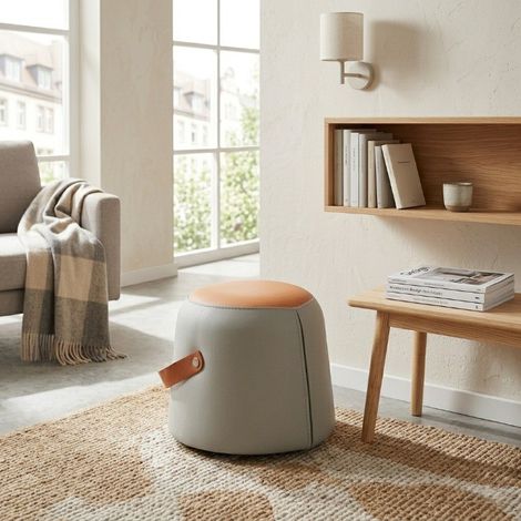Pouf multifonctionnel en PU avec poignée, assise rembourrée gris et orange (1/5)